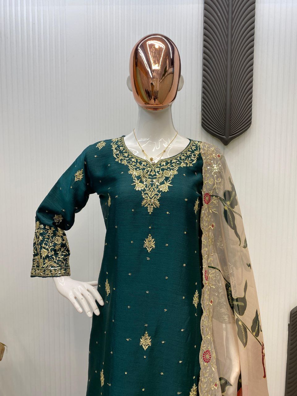 Designer Chinon Sharara Suit Set with Sequins Embroidery & Organza Dupatta Fully Stitched