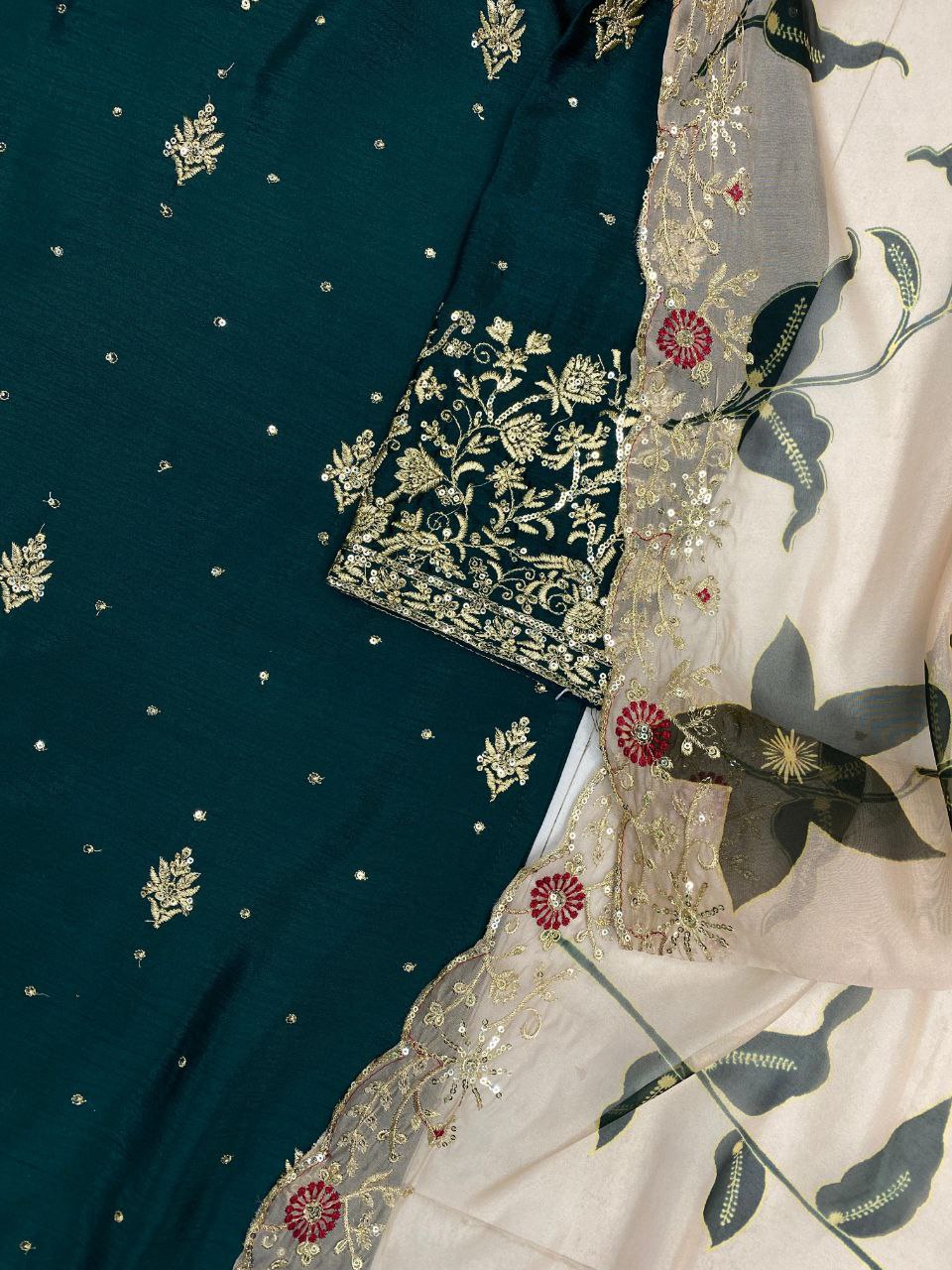 Designer Chinon Sharara Suit Set with Sequins Embroidery & Organza Dupatta Fully Stitched
