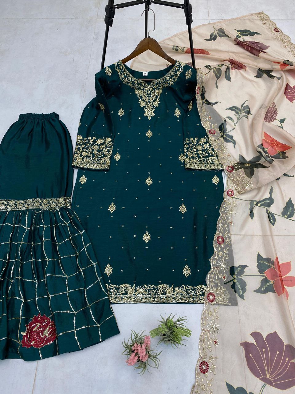 Designer Chinon Sharara Suit Set with Sequins Embroidery & Organza Dupatta Fully Stitched