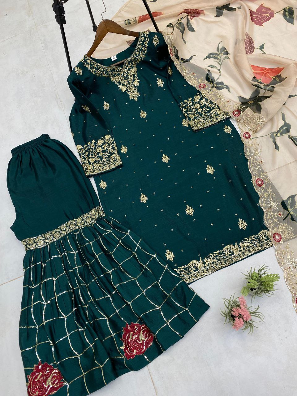 Designer Chinon Sharara Suit Set with Sequins Embroidery & Organza Dupatta Fully Stitched
