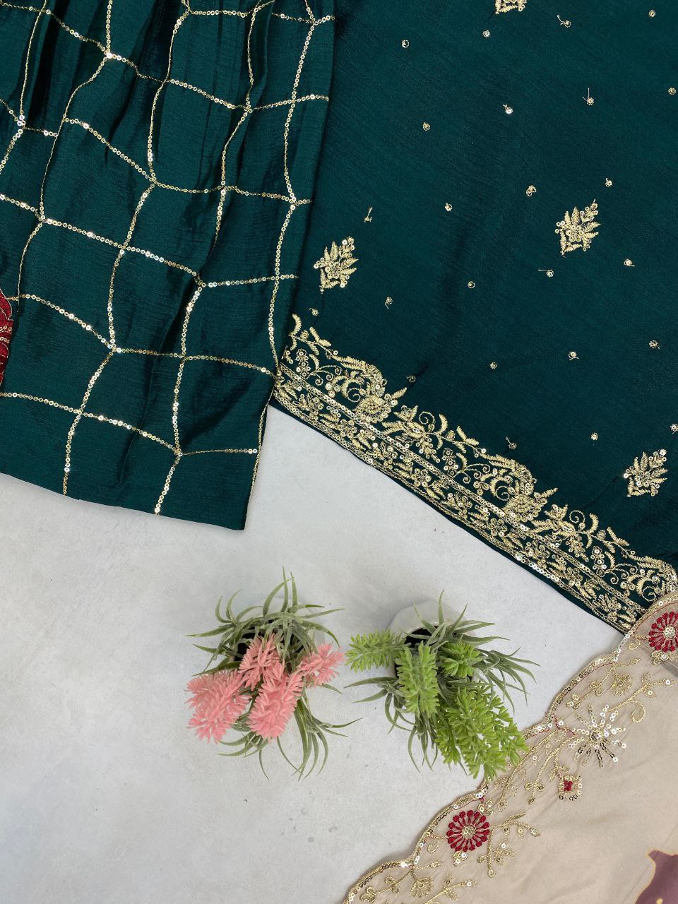 Designer Chinon Sharara Suit Set with Sequins Embroidery & Organza Dupatta Fully Stitched
