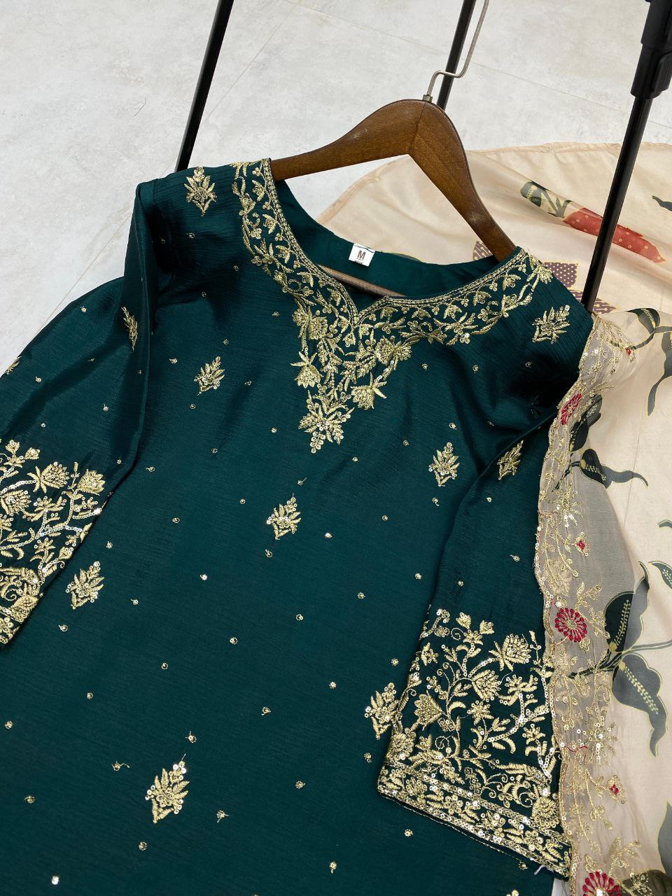 Designer Chinon Sharara Suit Set with Sequins Embroidery & Organza Dupatta Fully Stitched