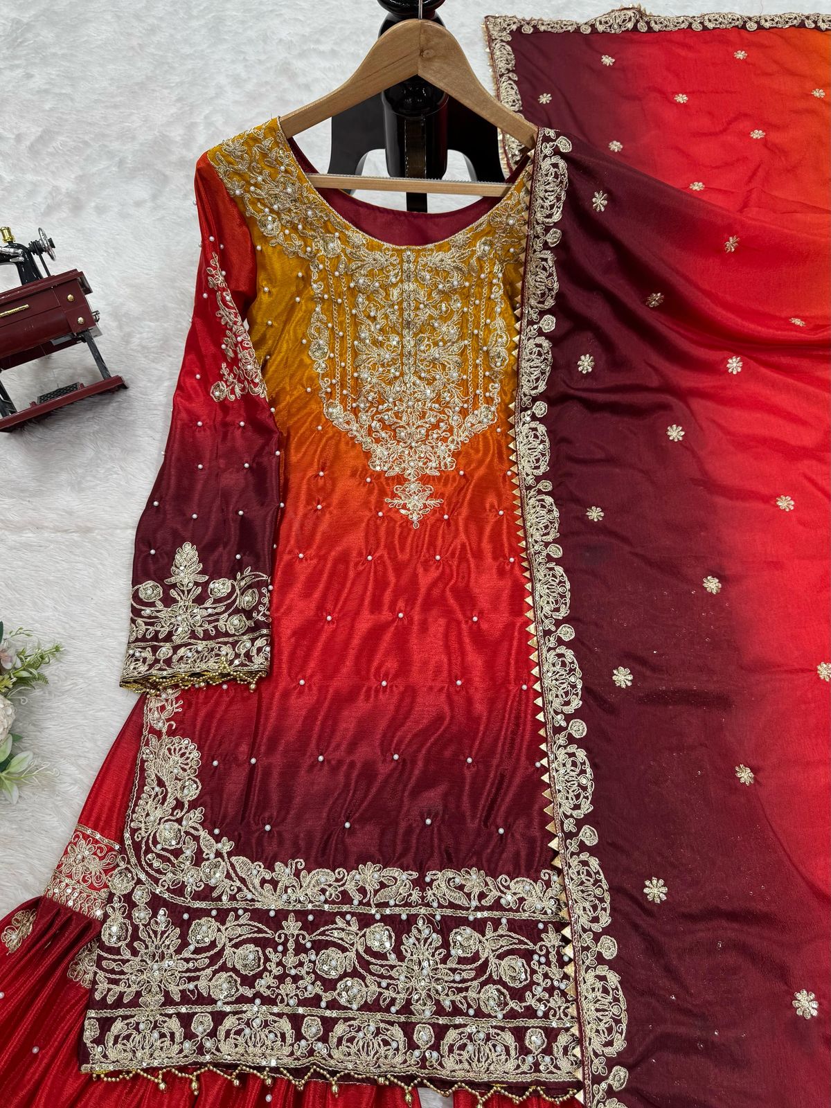 Designer Chinon Suit with Sharara & Dupatta β Embroidery, Sequence & Pearl Work