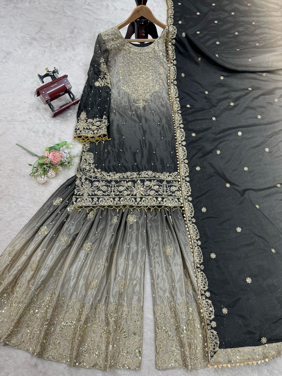 Designer Chinon Suit with Sharara & Dupatta β Embroidery, Sequence & Pearl Work
