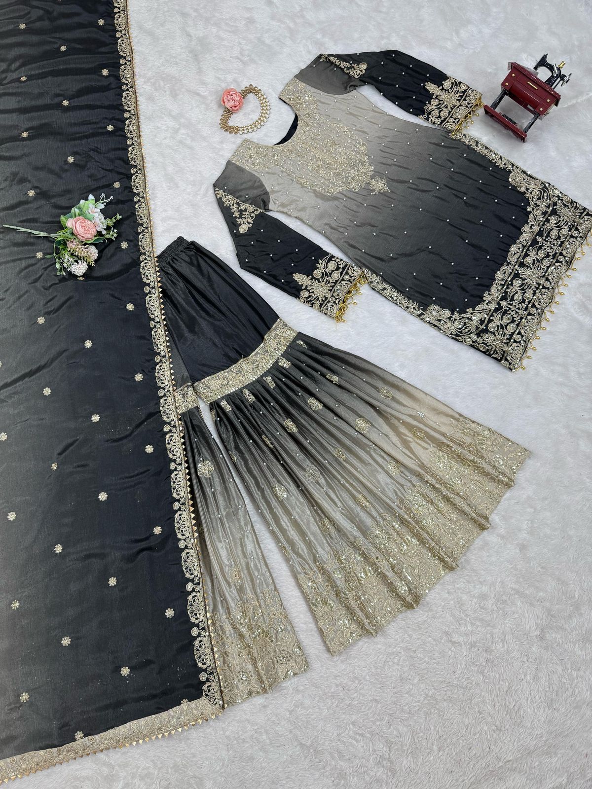 Designer Chinon Suit with Sharara & Dupatta β Embroidery, Sequence & Pearl Work