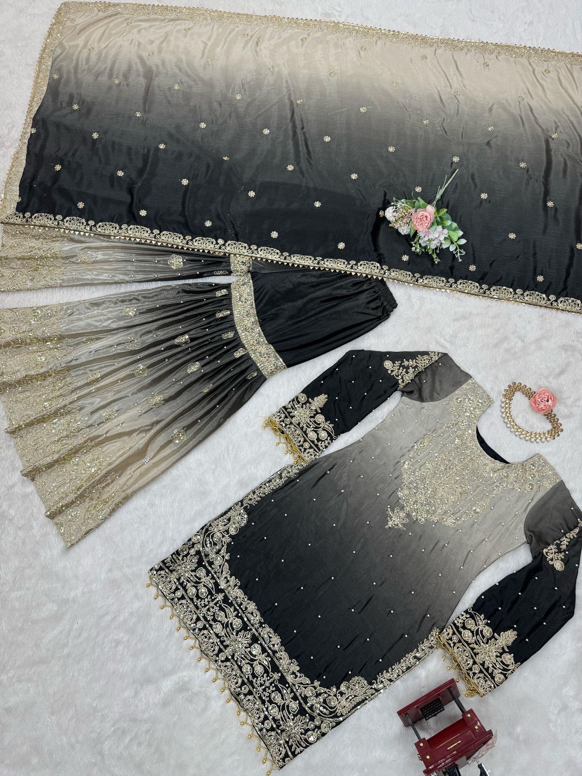 Designer Chinon Suit with Sharara & Dupatta β Embroidery, Sequence & Pearl Work