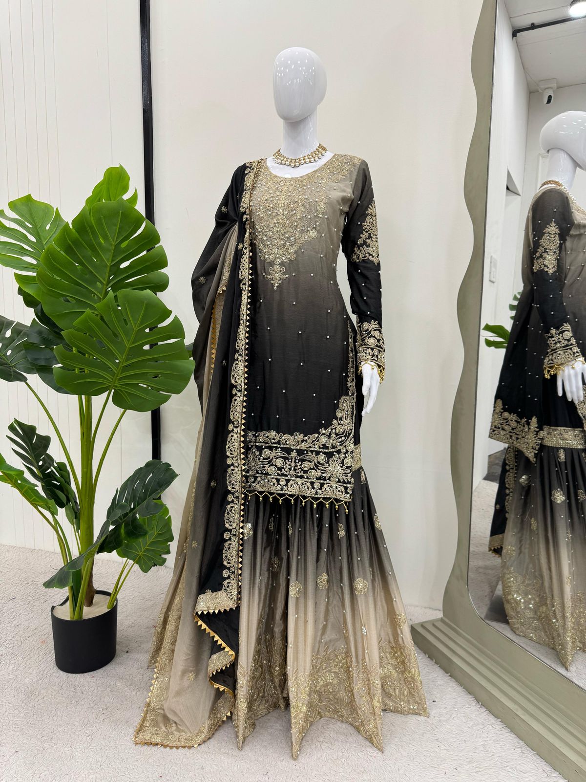 Designer Chinon Suit with Sharara & Dupatta β Embroidery, Sequence & Pearl Work