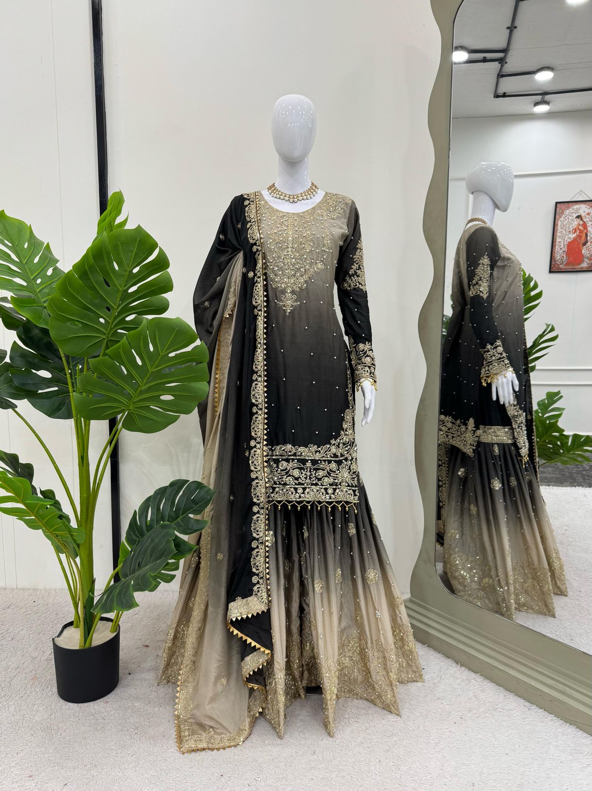 Designer Chinon Suit with Sharara & Dupatta β Embroidery, Sequence & Pearl Work