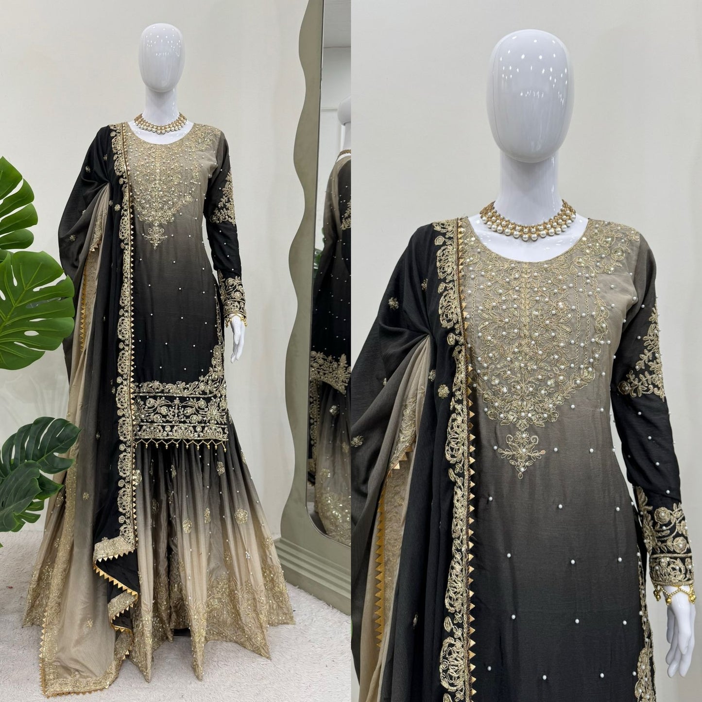 Designer Chinon Suit with Sharara & Dupatta β Embroidery, Sequence & Pearl Work