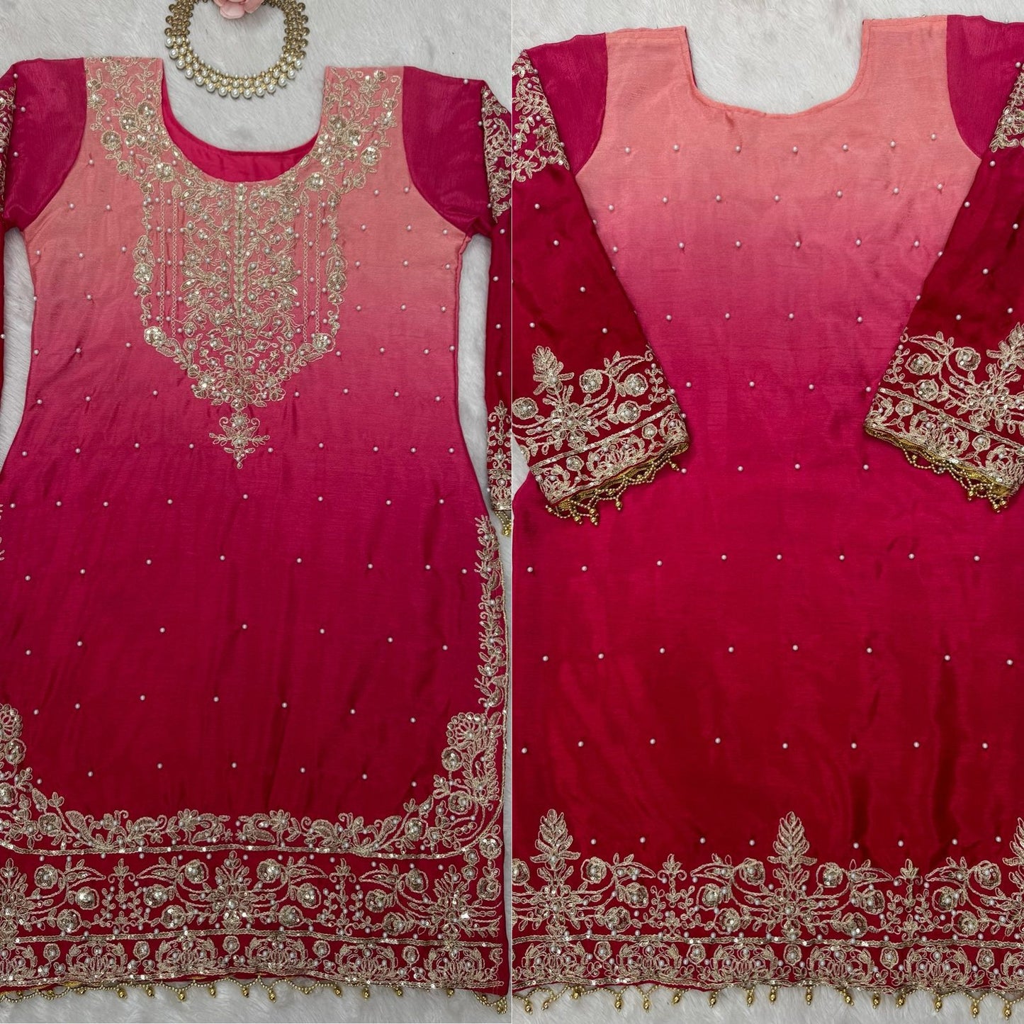 Designer Chinon Suit with Sharara & Dupatta β Embroidery, Sequence & Pearl Work