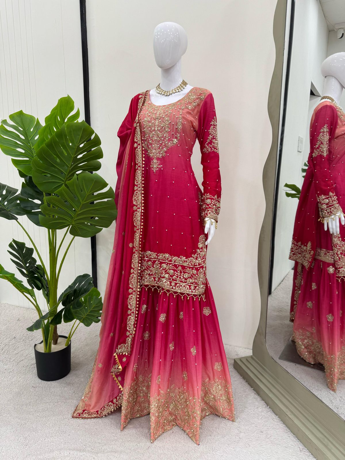 Designer Chinon Suit with Sharara & Dupatta β Embroidery, Sequence & Pearl Work
