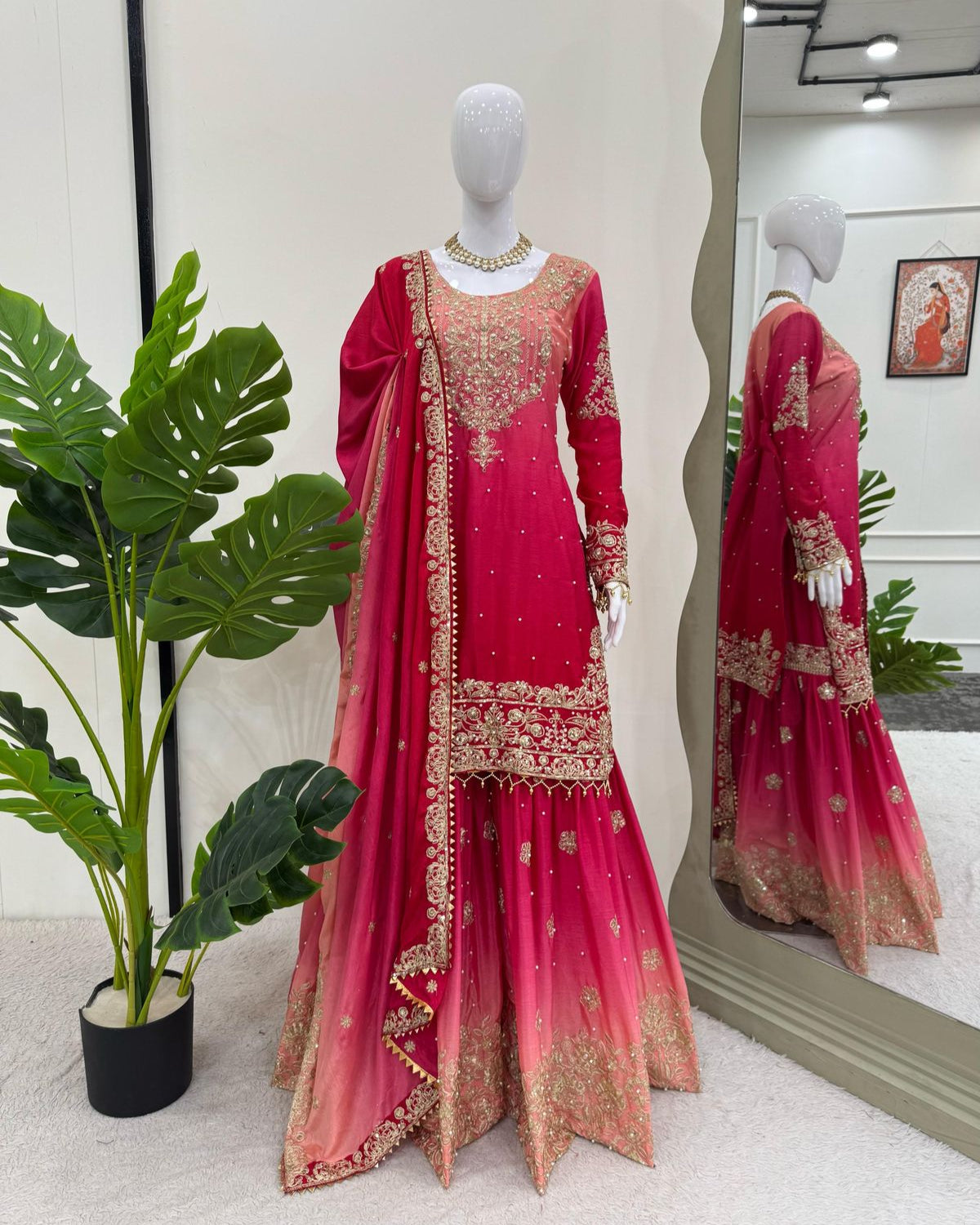 Designer Chinon Suit with Sharara & Dupatta β Embroidery, Sequence & Pearl Work