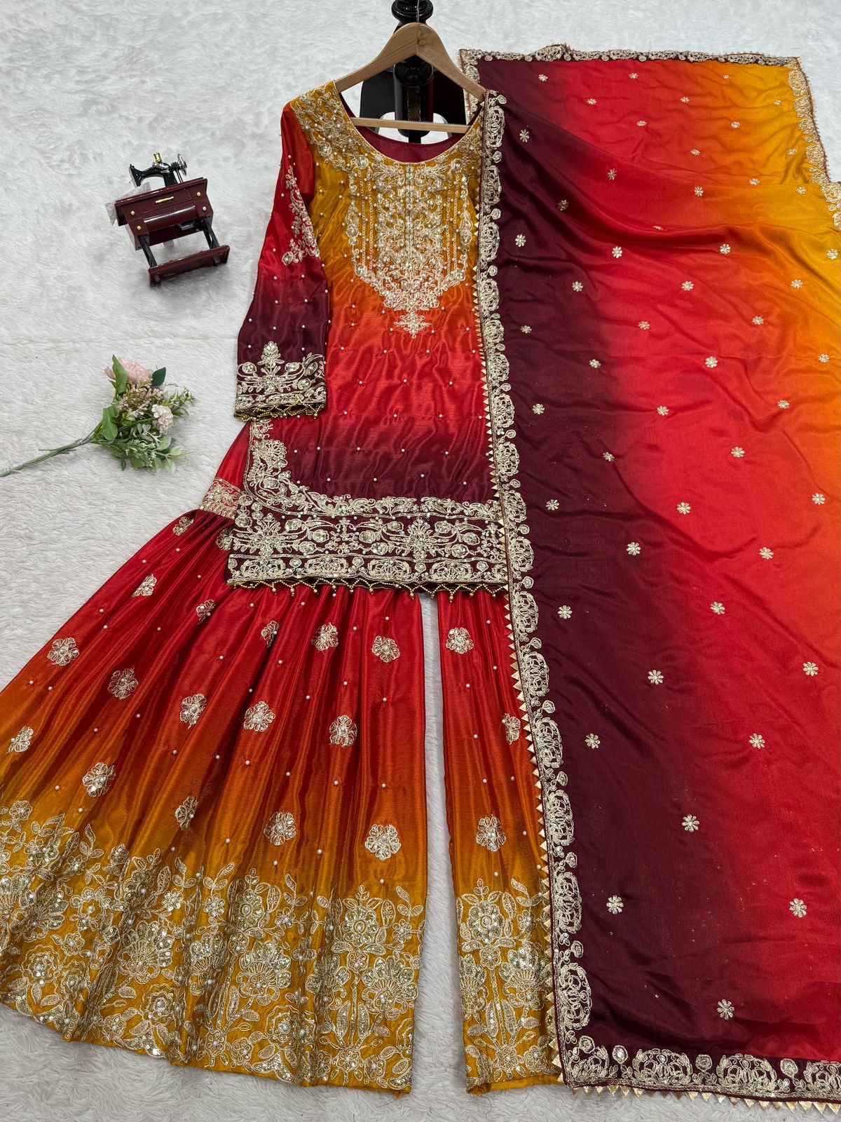 Designer Chinon Suit with Sharara & Dupatta β Embroidery, Sequence & Pearl Work