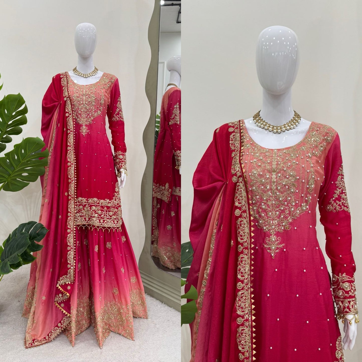 Designer Chinon Suit with Sharara & Dupatta β Embroidery, Sequence & Pearl Work