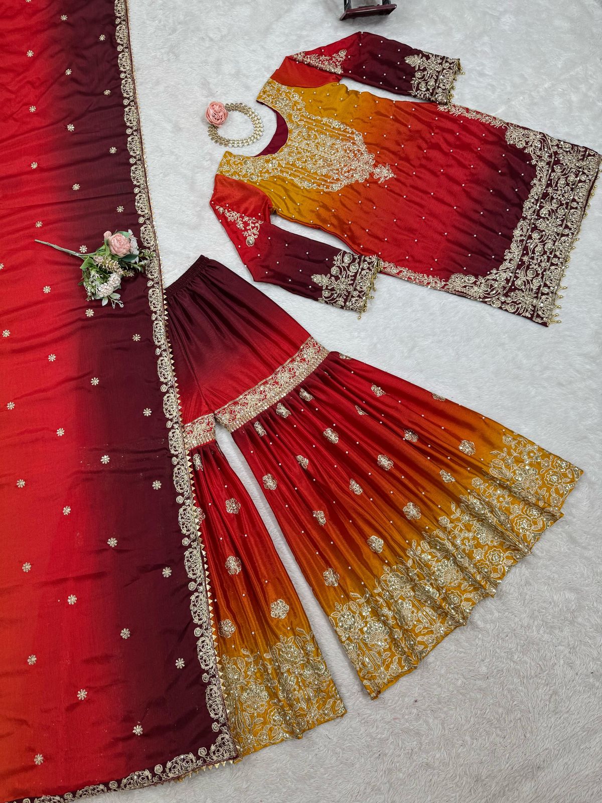 Designer Chinon Suit with Sharara & Dupatta β Embroidery, Sequence & Pearl Work