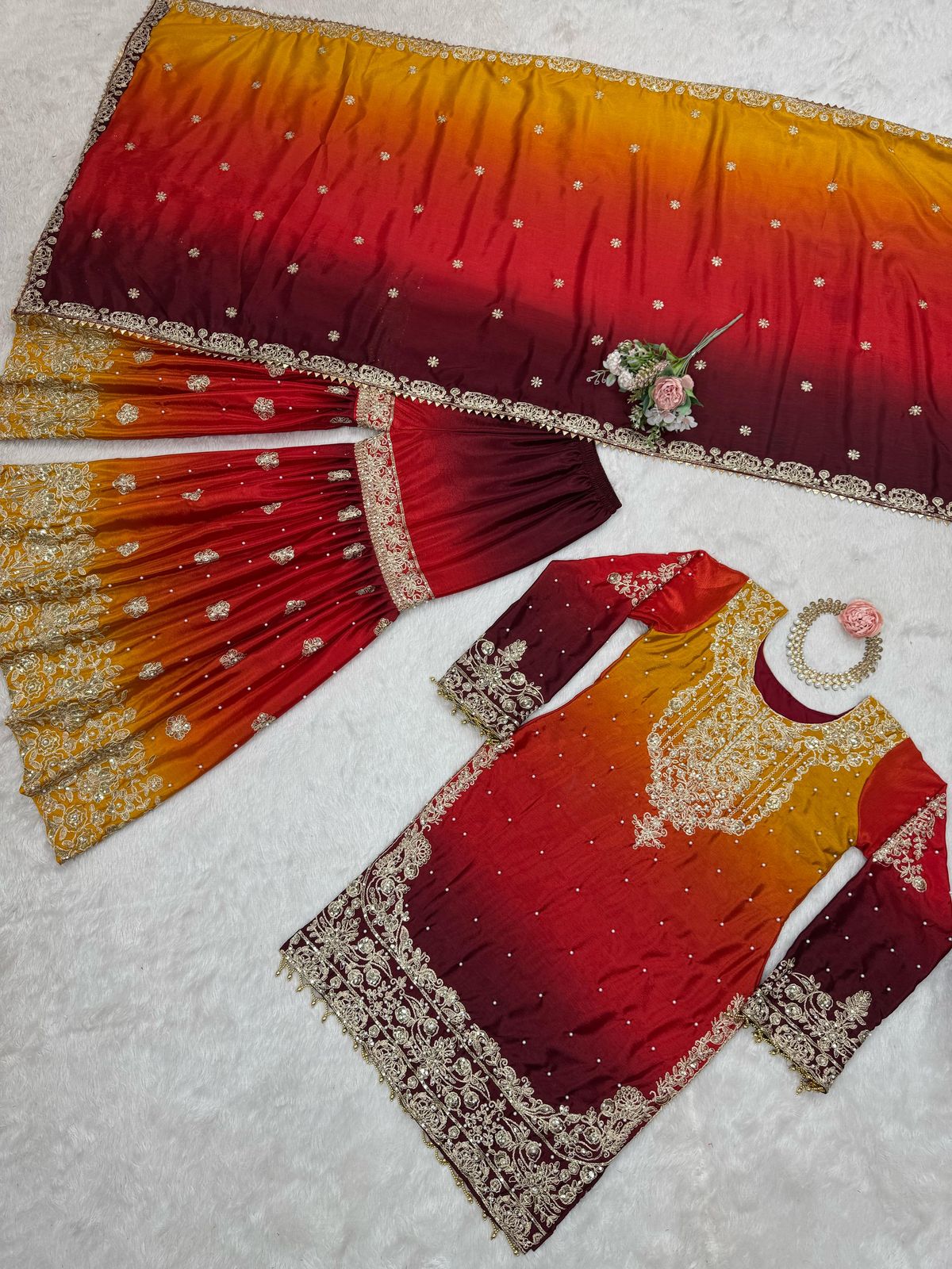 Designer Chinon Suit with Sharara & Dupatta β Embroidery, Sequence & Pearl Work