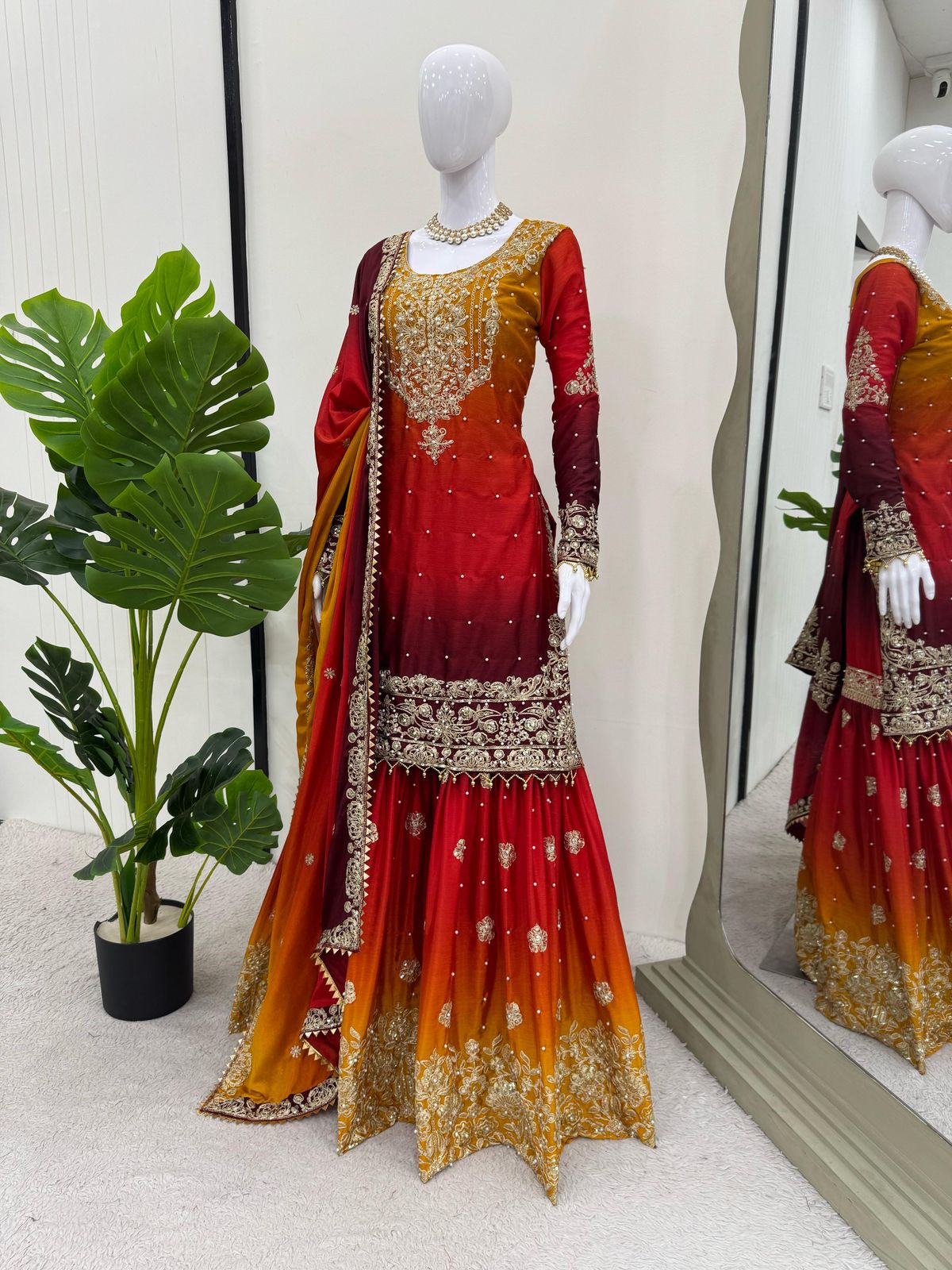 Designer Chinon Suit with Sharara & Dupatta β Embroidery, Sequence & Pearl Work