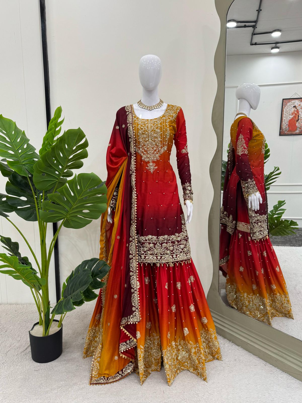 Designer Chinon Suit with Sharara & Dupatta β Embroidery, Sequence & Pearl Work