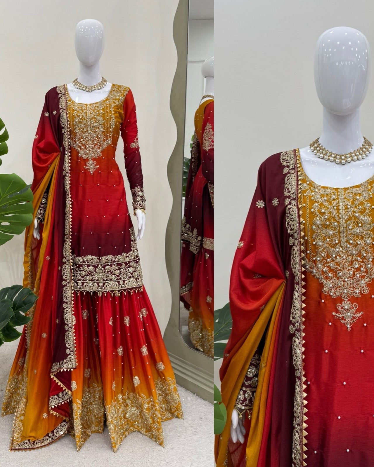 Designer Chinon Suit with Sharara & Dupatta β Embroidery, Sequence & Pearl Work