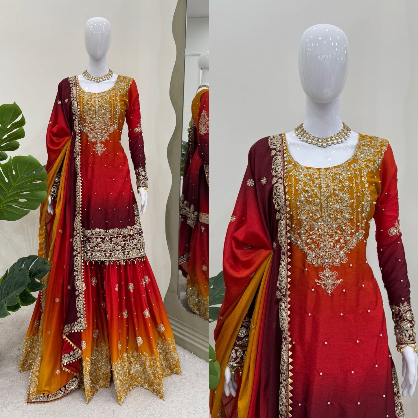 Designer Chinon Suit with Sharara & Dupatta β Embroidery, Sequence & Pearl Work