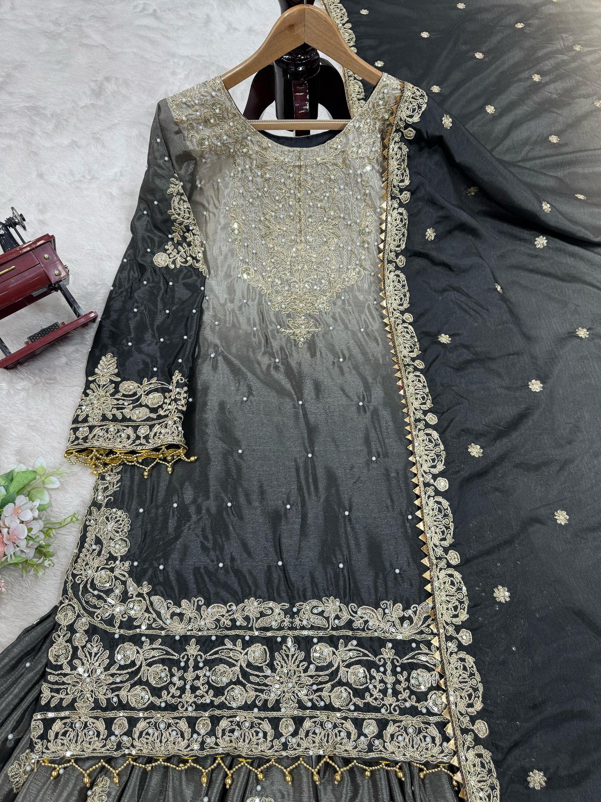 Designer Chinon Suit with Sharara & Dupatta β Embroidery, Sequence & Pearl Work