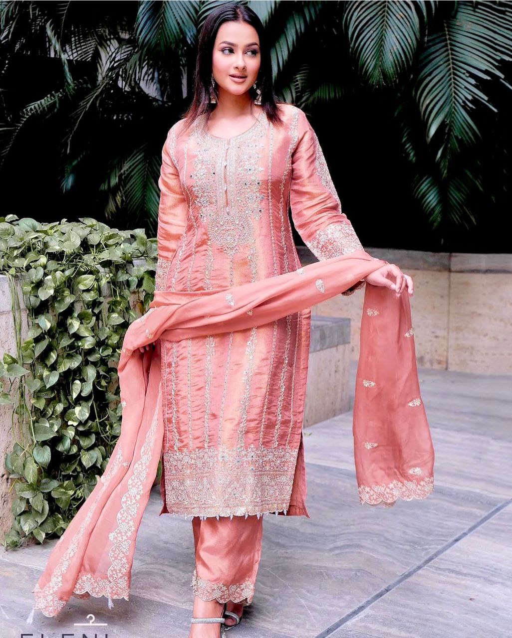 Designer Cinon Silk Top Pant Dupatta Set | Heavy Embroidery & Sequence Work