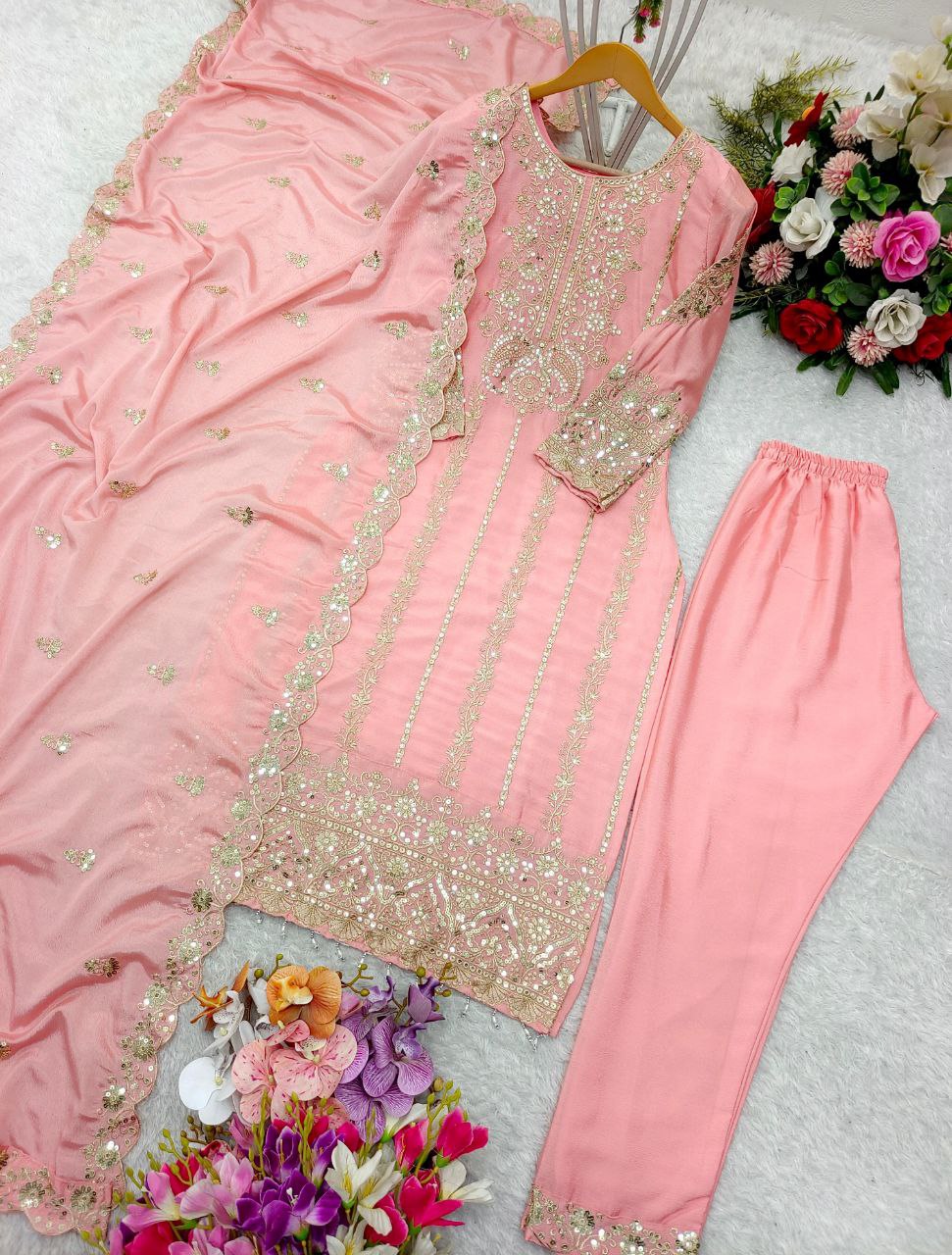 Designer Cinon Silk Top Pant Dupatta Set | Heavy Embroidery & Sequence Work