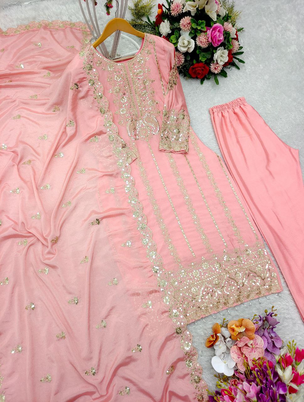 Designer Cinon Silk Top Pant Dupatta Set | Heavy Embroidery & Sequence Work