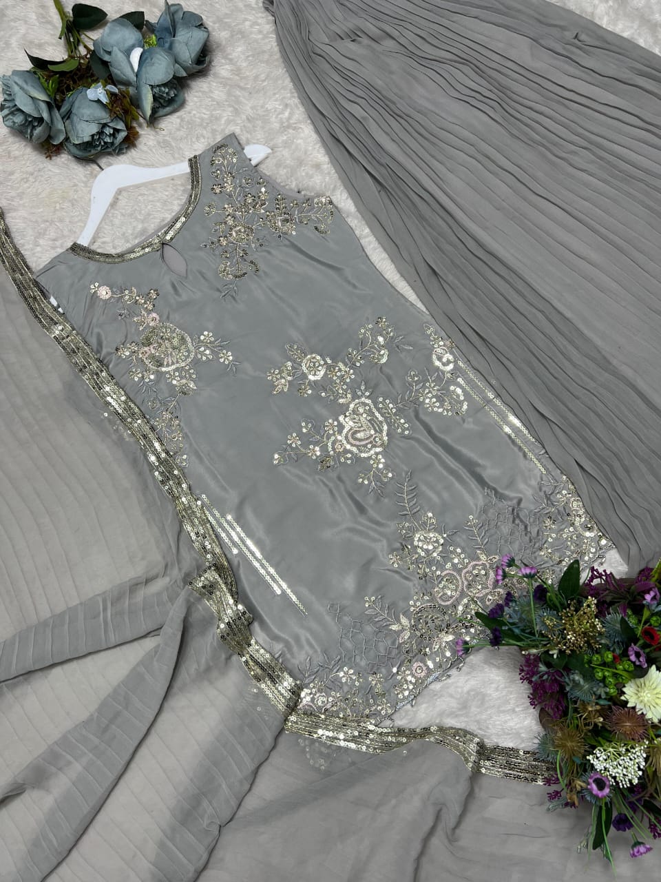 Party Wear & Festive Specials: 3-Piece Pure Natural Crepe Silk Top, Crushed Faux Georgette Plazzo