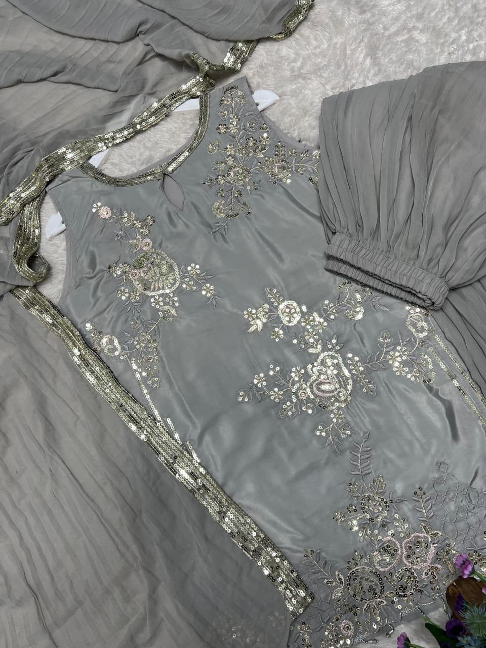 Party Wear & Festive Specials: 3-Piece Pure Natural Crepe Silk Top, Crushed Faux Georgette Plazzo