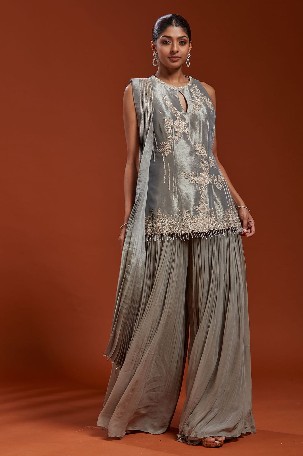 Party Wear & Festive Specials: 3-Piece Pure Natural Crepe Silk Top, Crushed Faux Georgette Plazzo