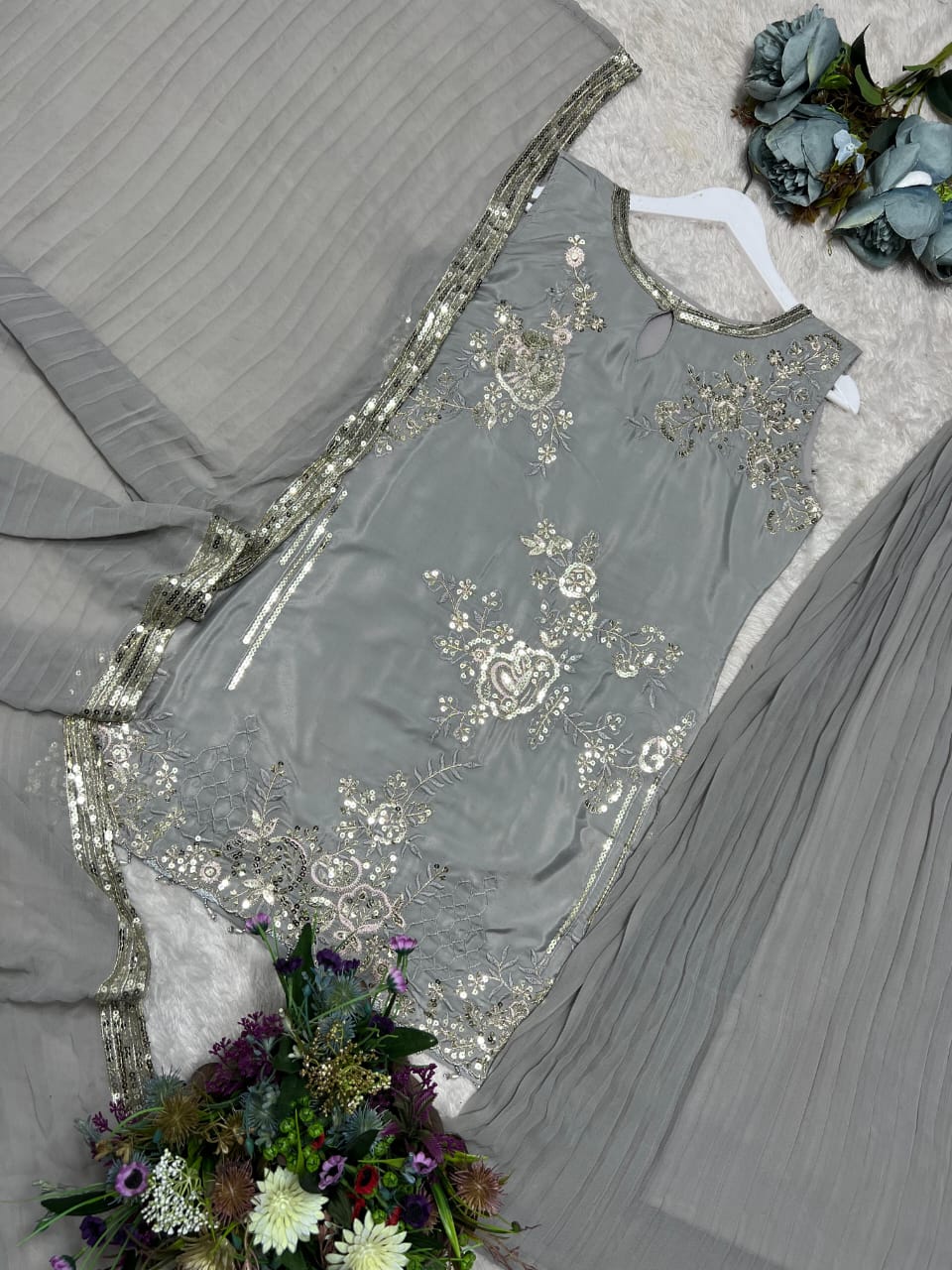 Party Wear & Festive Specials: 3-Piece Pure Natural Crepe Silk Top, Crushed Faux Georgette Plazzo