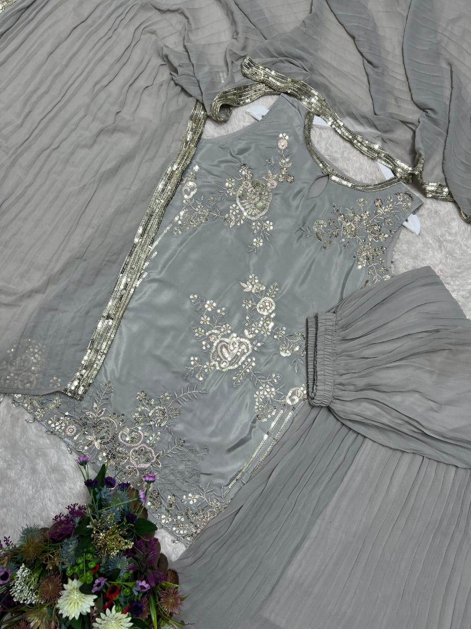 Party Wear & Festive Specials: 3-Piece Pure Natural Crepe Silk Top, Crushed Faux Georgette Plazzo