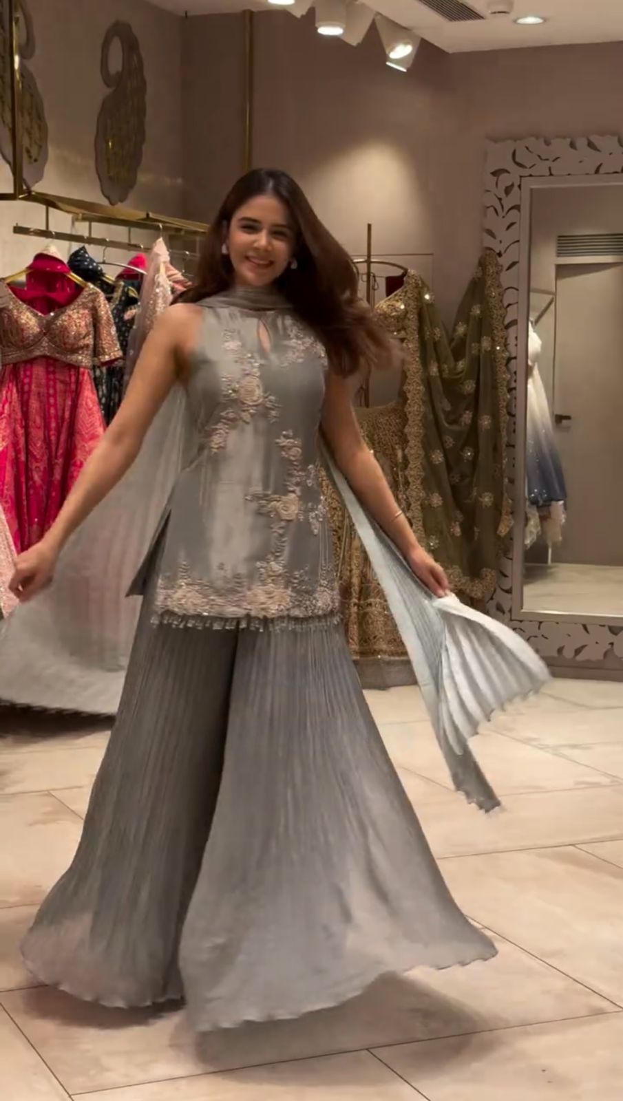 Party Wear & Festive Specials: 3-Piece Pure Natural Crepe Silk Top, Crushed Faux Georgette Plazzo