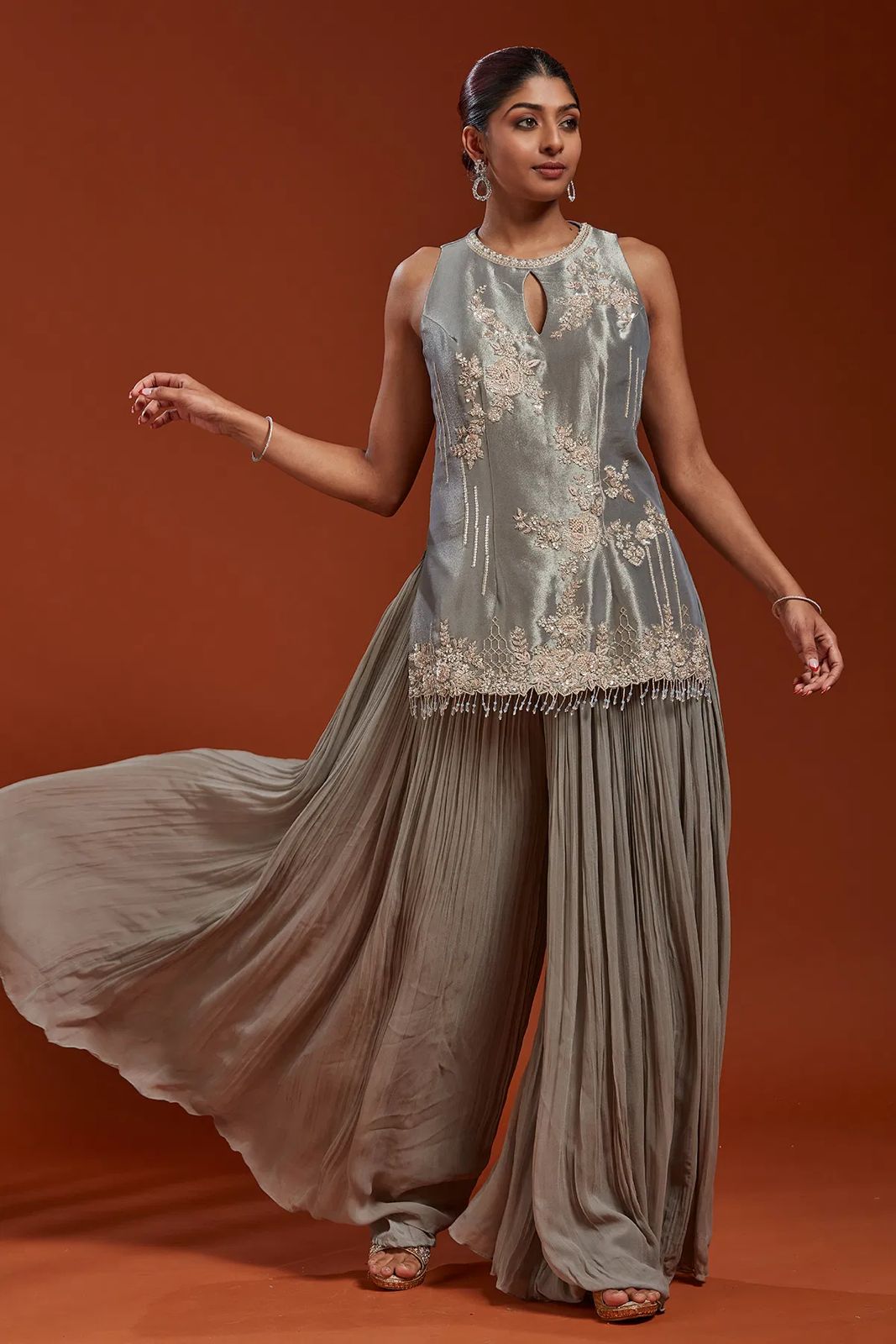 Party Wear & Festive Specials: 3-Piece Pure Natural Crepe Silk Top, Crushed Faux Georgette Plazzo