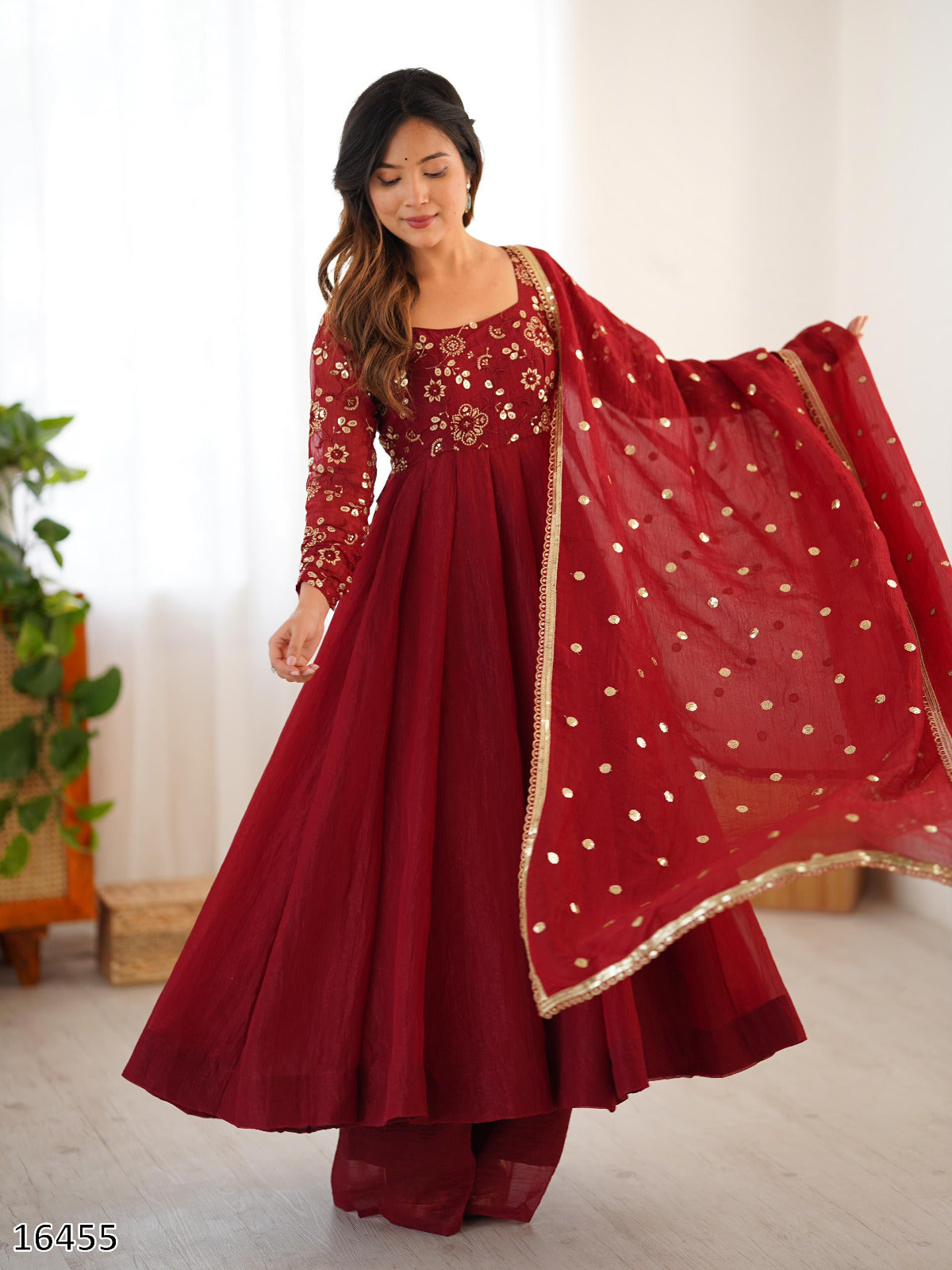 Designer Crunchy Silk Embroidered Gown Set with Dupatta