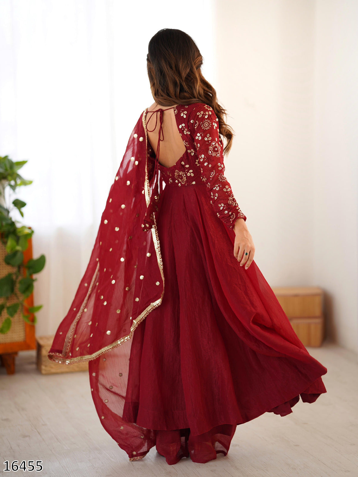 Designer Crunchy Silk Embroidered Gown Set with Dupatta