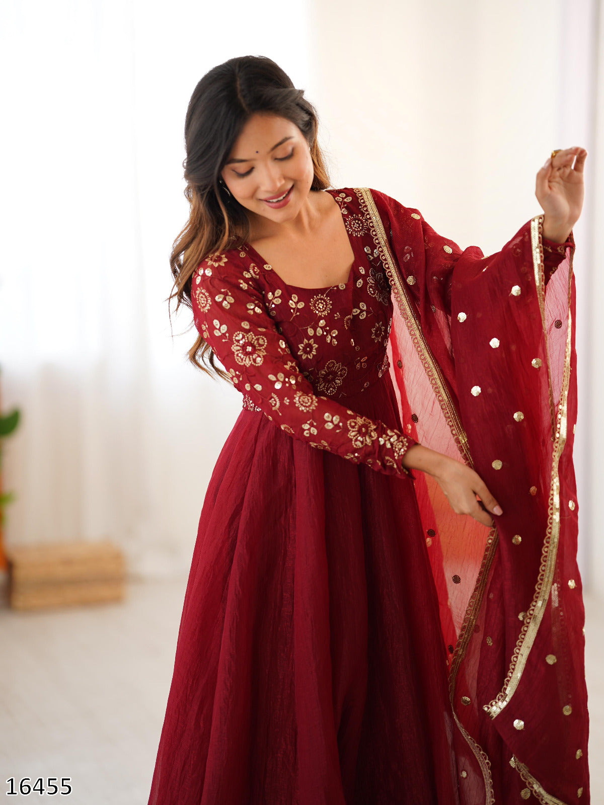 Designer Crunchy Silk Embroidered Gown Set with Dupatta