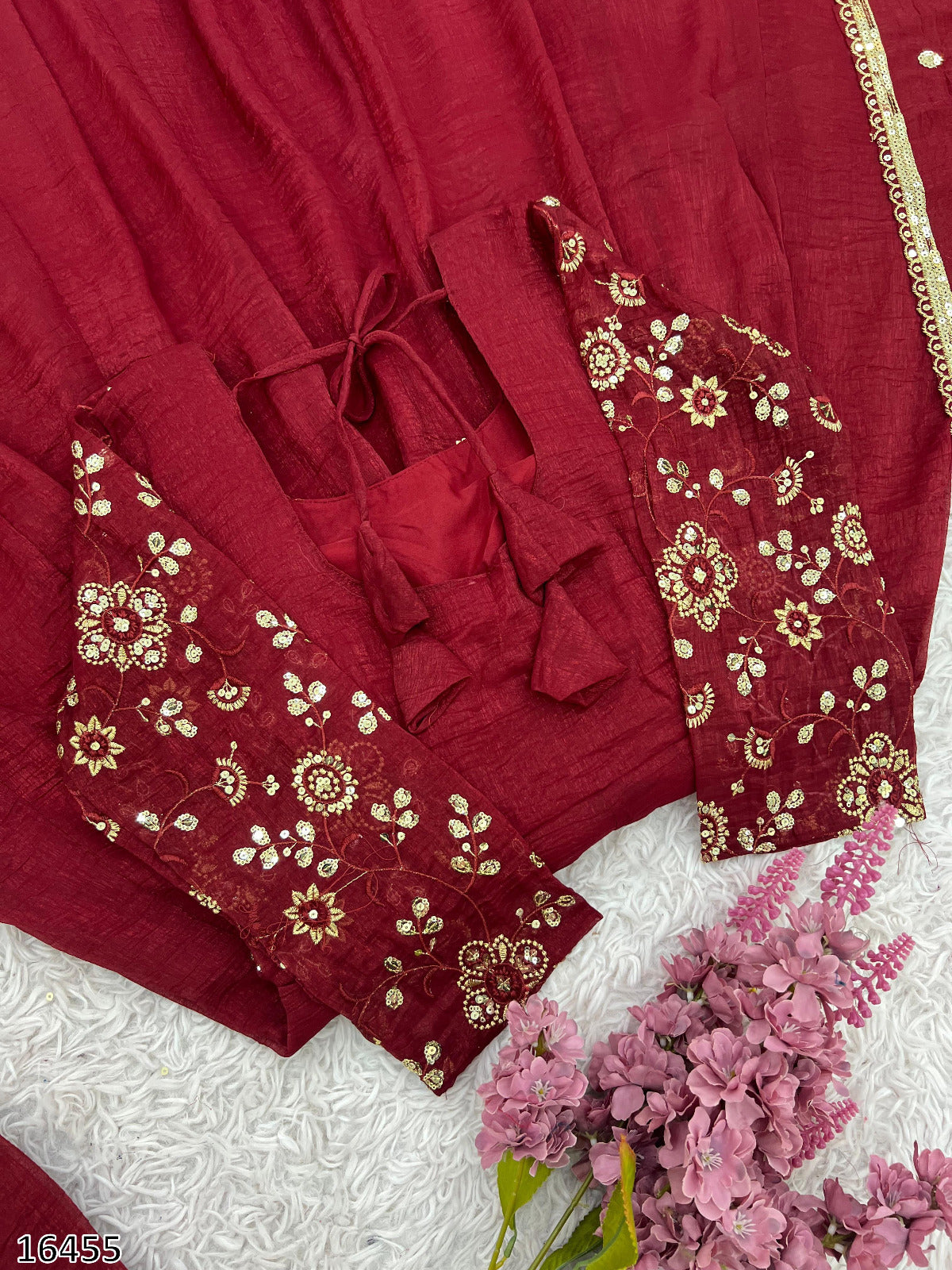 Designer Crunchy Silk Embroidered Gown Set with Dupatta
