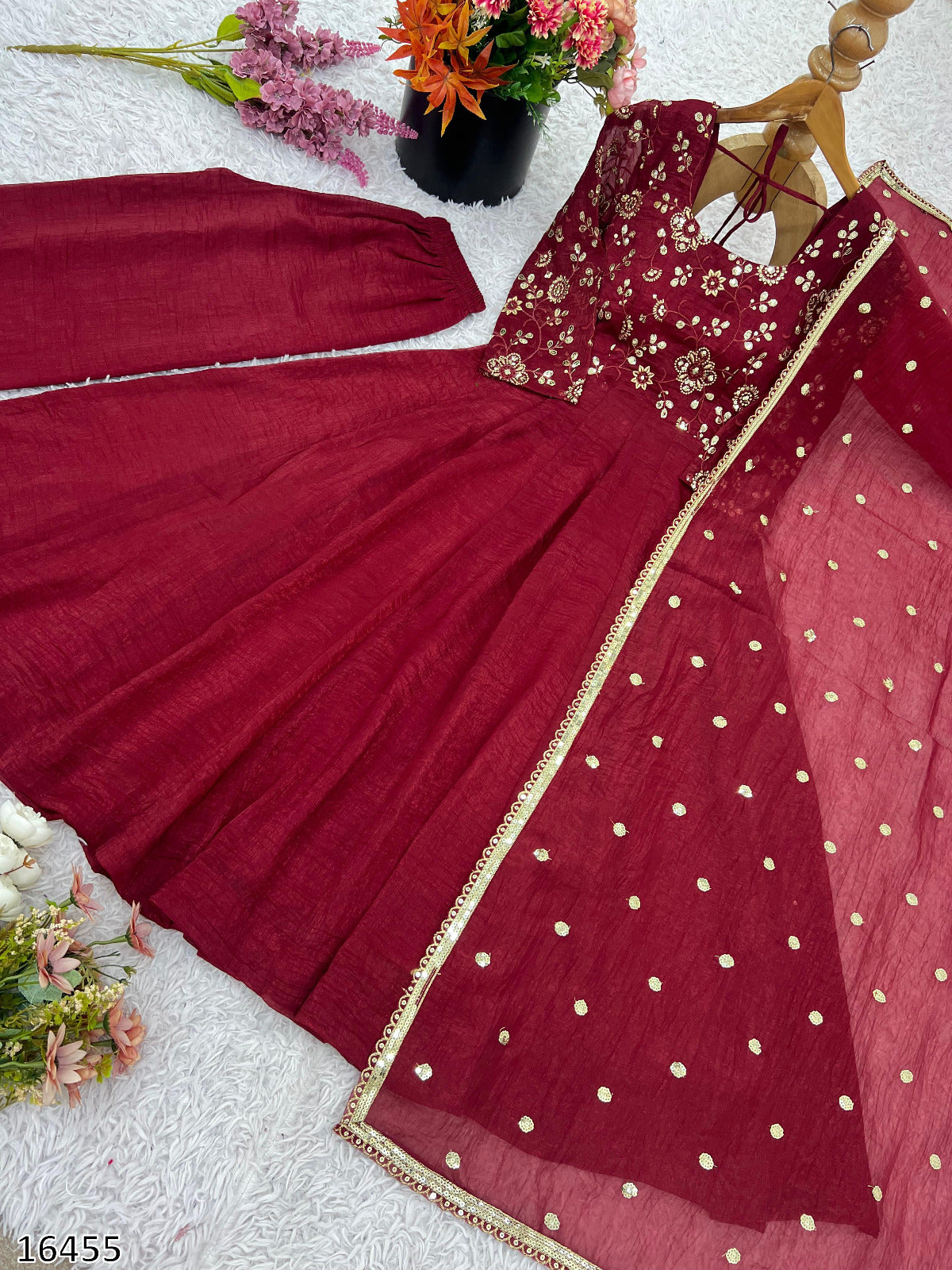Designer Crunchy Silk Embroidered Gown Set with Dupatta