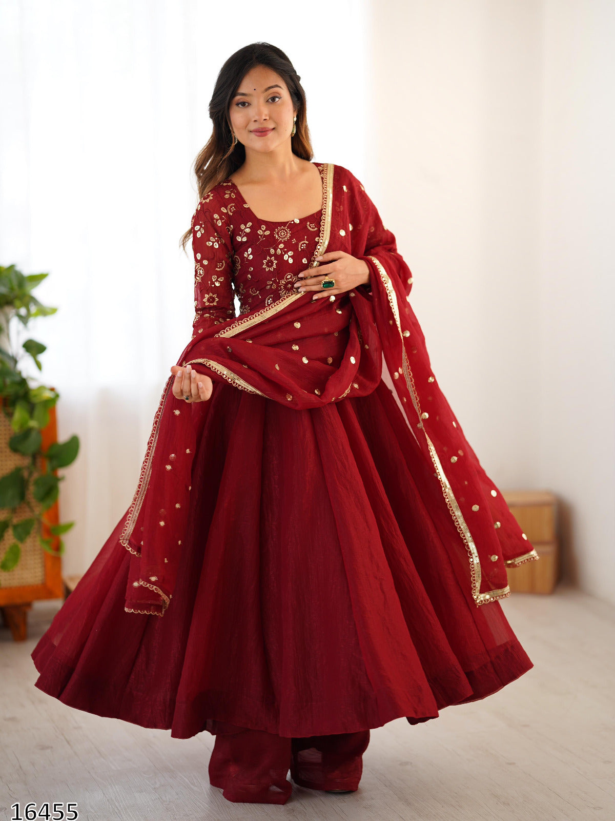 Designer Crunchy Silk Embroidered Gown Set with Dupatta
