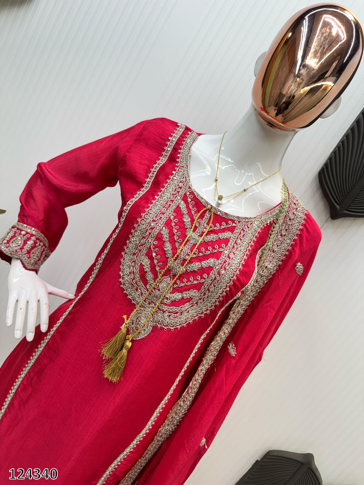 Designer Fancy Chinnon Red Suit For Karwa Chauth With Dupatta