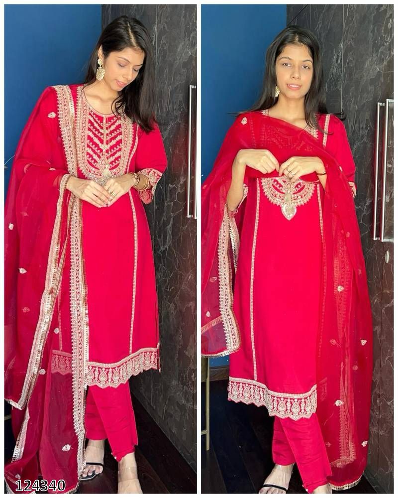Designer Fancy Chinnon Red Suit For Karwa Chauth With Dupatta