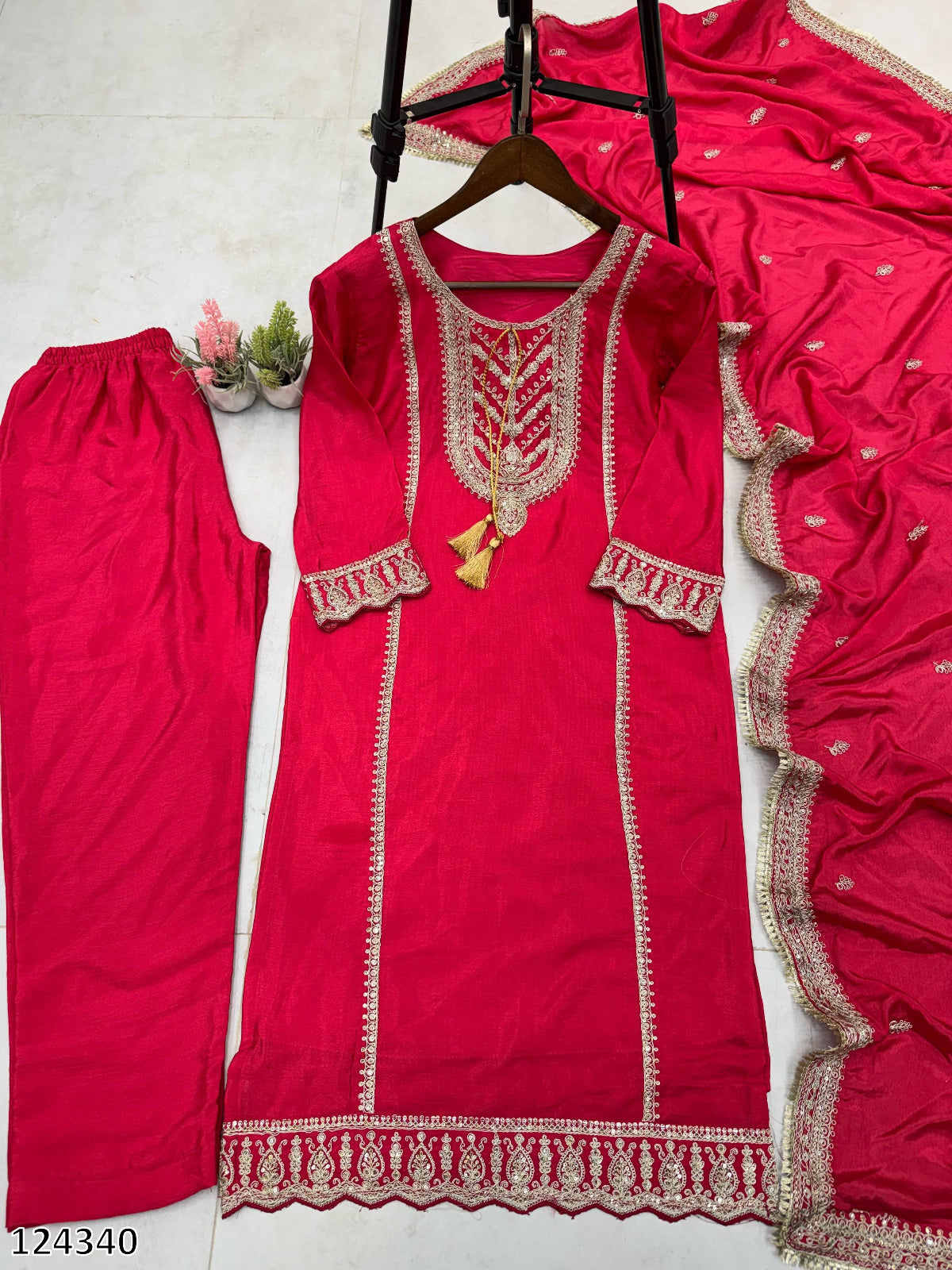 Designer Fancy Chinnon Red Suit For Karwa Chauth With Dupatta