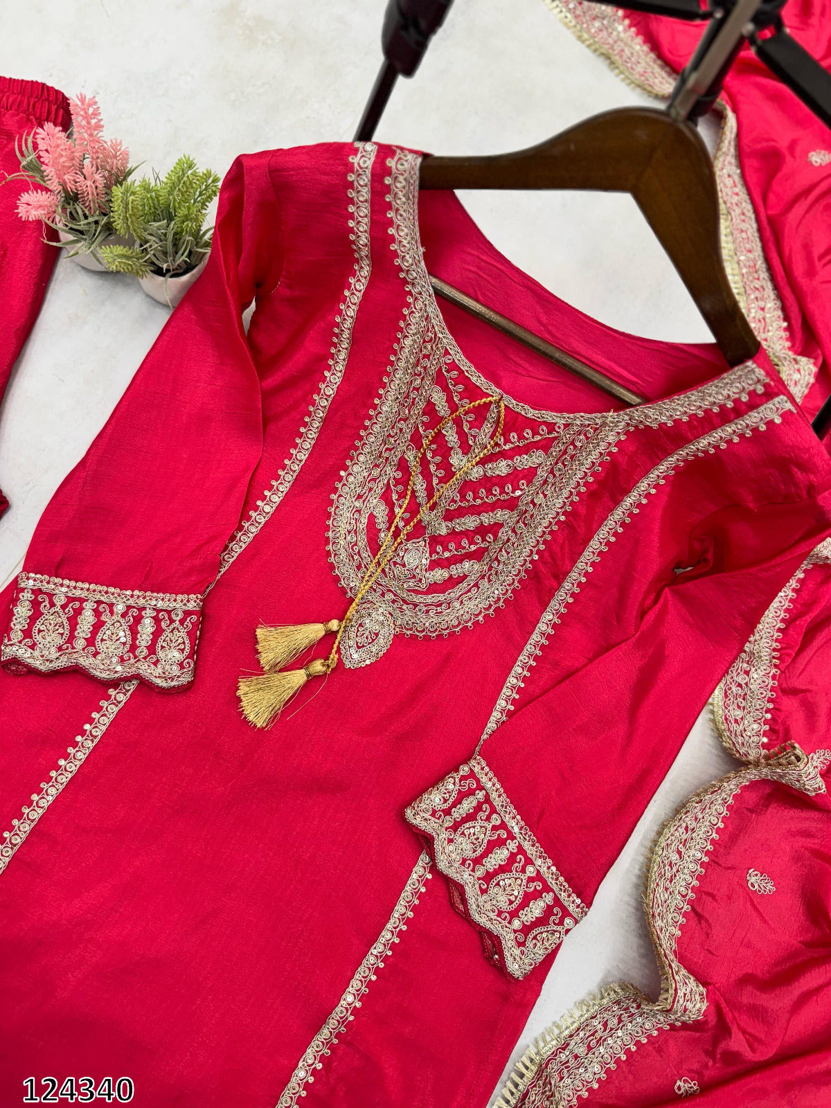 Designer Fancy Chinnon Red Suit For Karwa Chauth With Dupatta