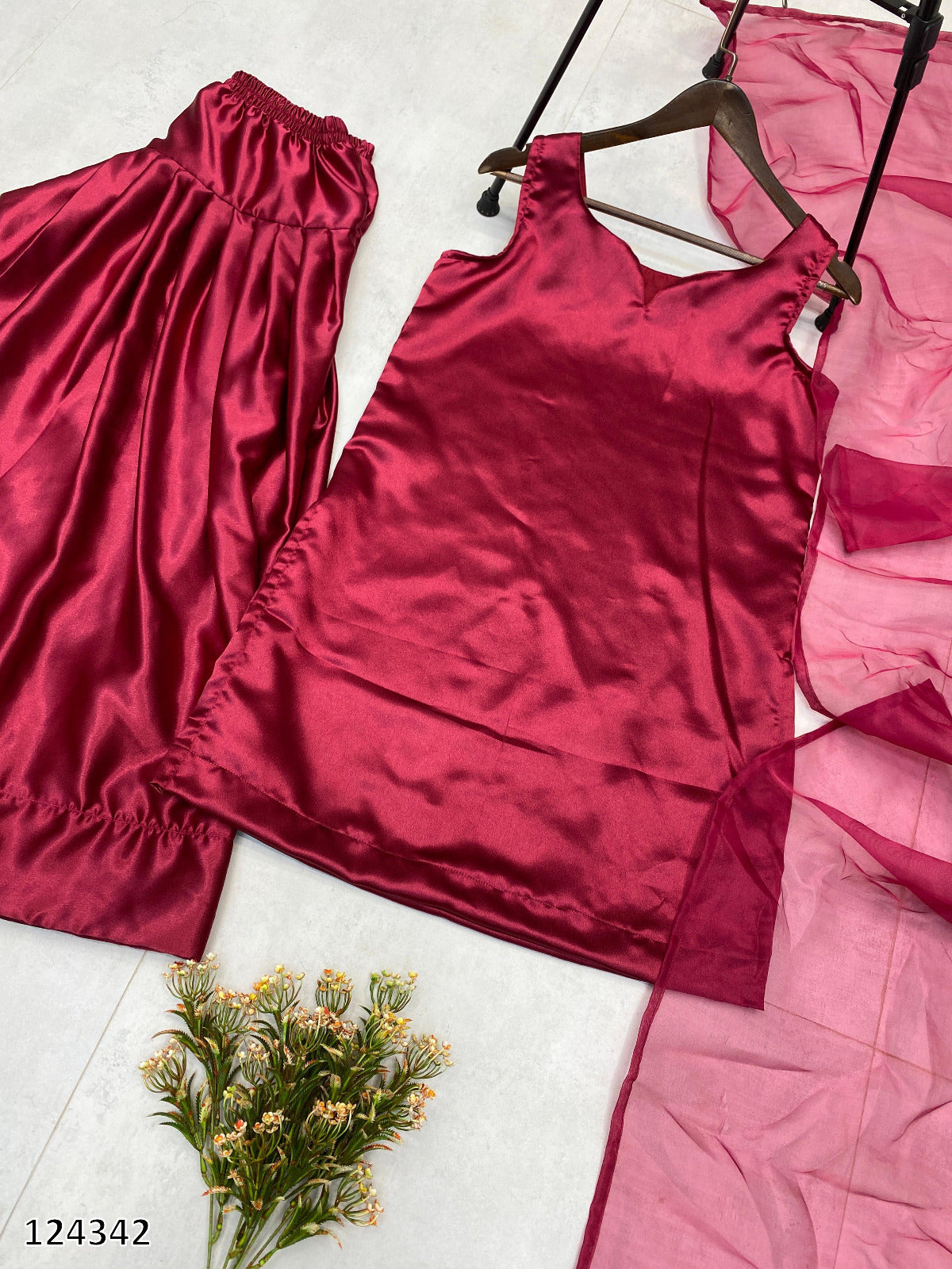 Designer Farsi Salwar Suit | Moss Satin Top & Salwar with Organza Dupatta