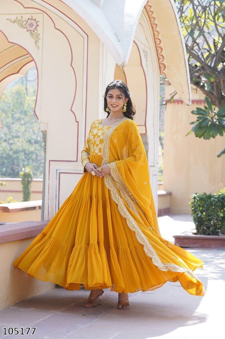 Designer Faux Blooming Gown with Sequins Embroidered Dupatta