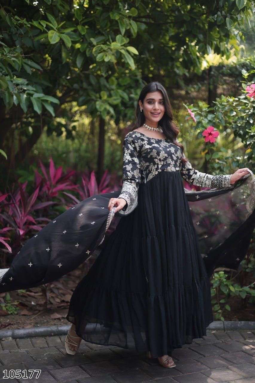 Designer Faux Blooming Gown with Sequins Embroidered Dupatta