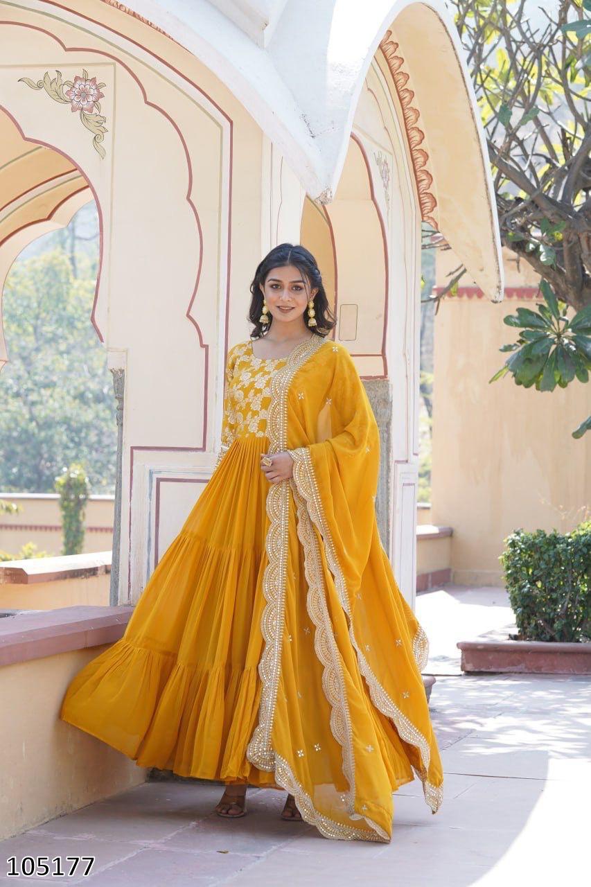 Designer Faux Blooming Gown with Sequins Embroidered Dupatta