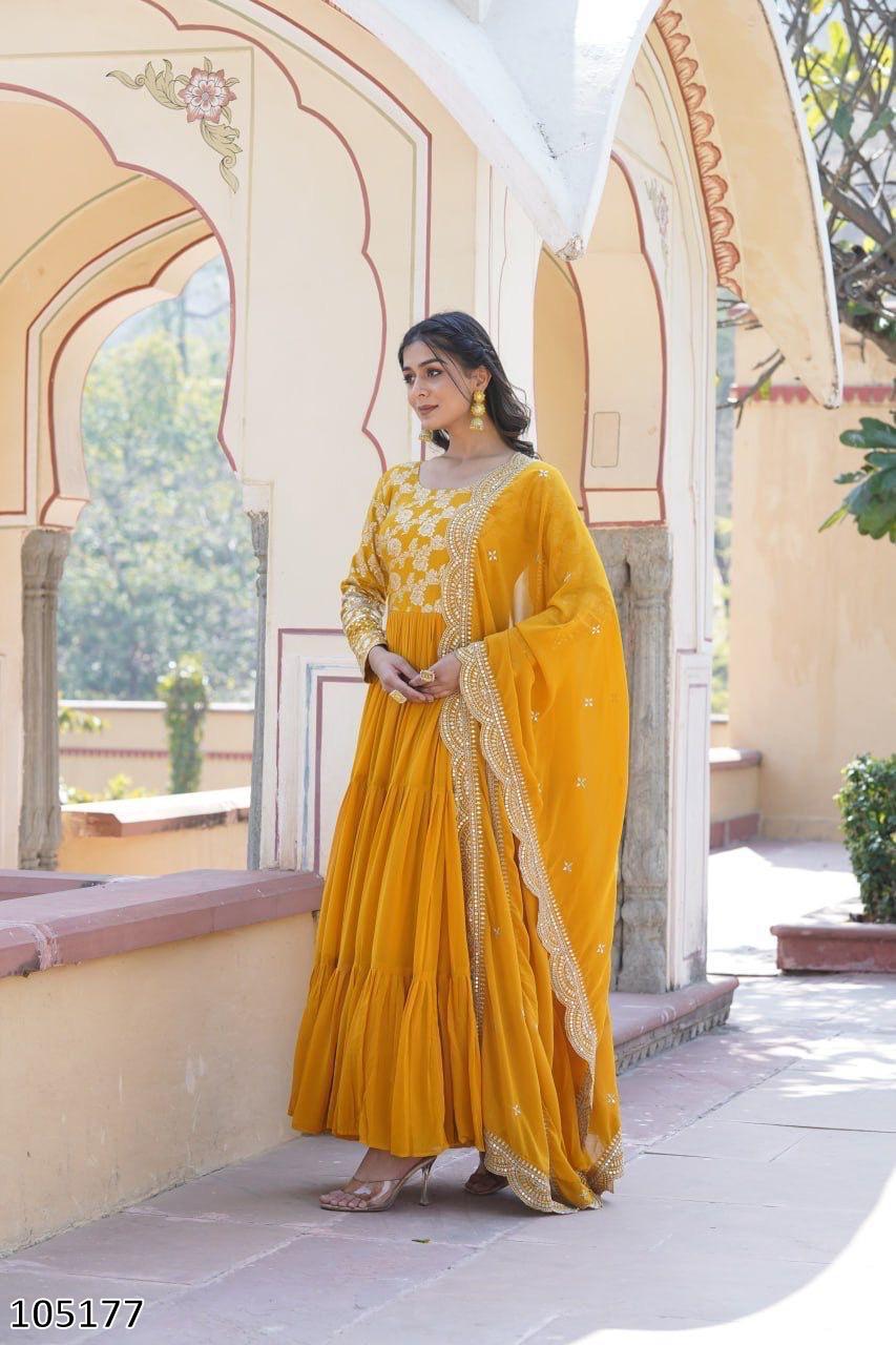 Designer Faux Blooming Gown with Sequins Embroidered Dupatta